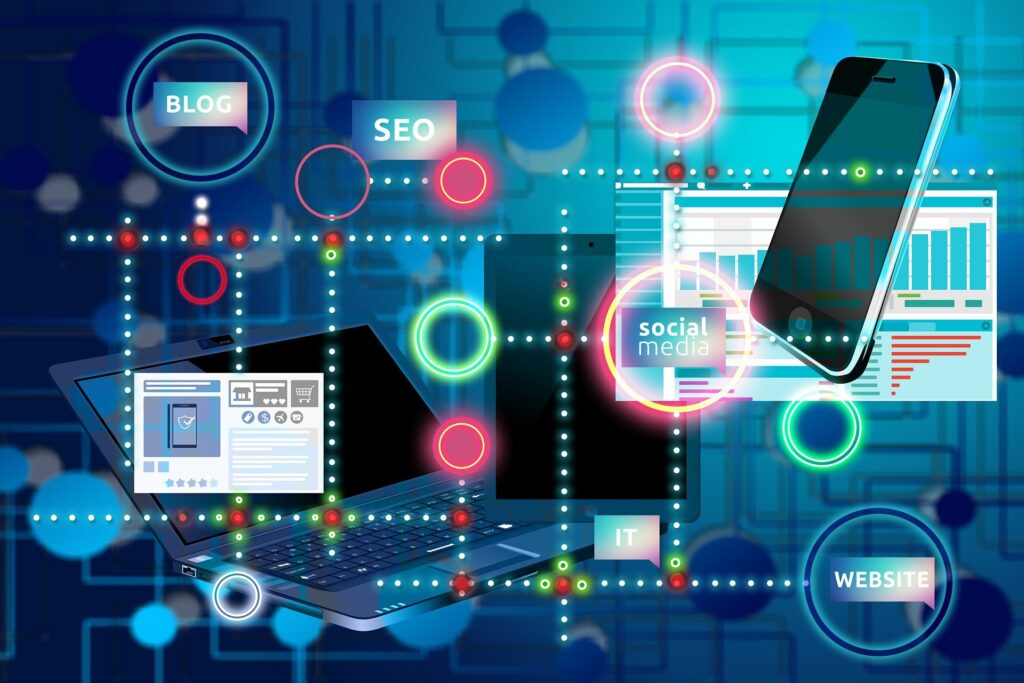 A digital marketing concept image featuring a laptop with a webpage, a smartphone with analytics, and icons for blog, SEO, social media, IT, and website, all interconnected with dotted lines on a vibrant blue circuit board background.