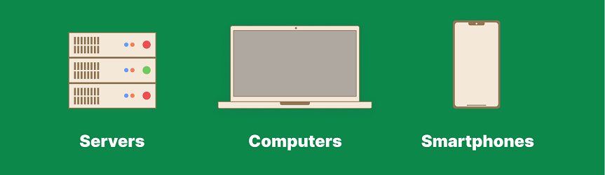 Graphics including servers, computers, and smartphones