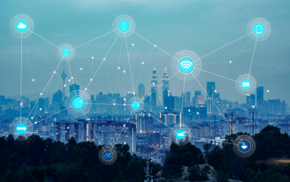 Twilight cityscape with a superimposed digital network of interconnected nodes featuring technology icons, representing a smart city concept.