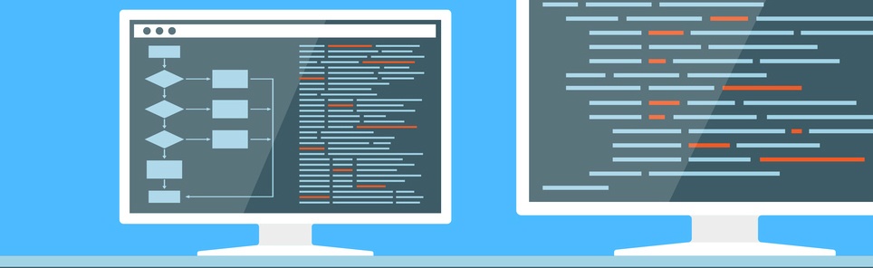 Two computer monitors, one displaying a flowchart and the other showing a code editor with highlighted lines of code.