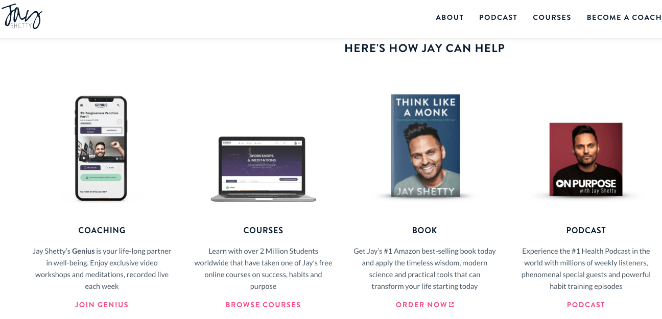 Jay Shetty's website showcasing what he offers