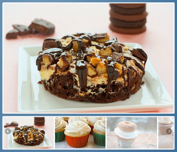 A chocolate chip cookie dough cheesecake topped with chunks of cookie dough and chocolate sauce on a white plate, with pieces of chocolate in the background and smaller images of assorted desserts below.