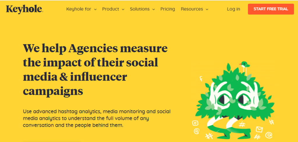 Keyhole company's promotional image featuring a headline about helping agencies measure social media impact, with a playful green monster holding a magnifying glass surrounded by social media symbols on a yellow background.