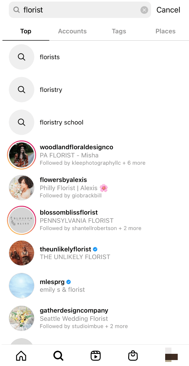 A search for "florist" on Instagram