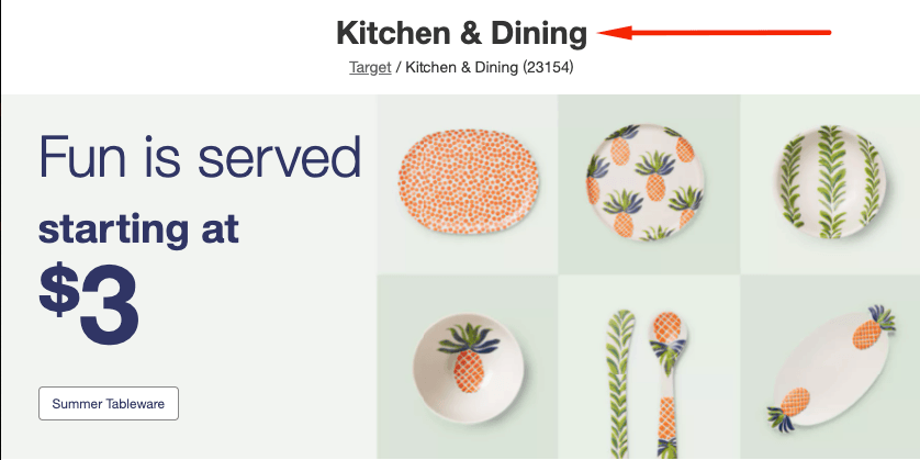 Heading for a kitchen and dining page on Target's website