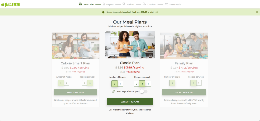 A sign up page for Hello Fresh from their direct response marketing ad