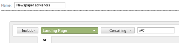 User interface for creating a filter named 'Newspaper ad visitors' with rules to include landing pages containing '/AC'.