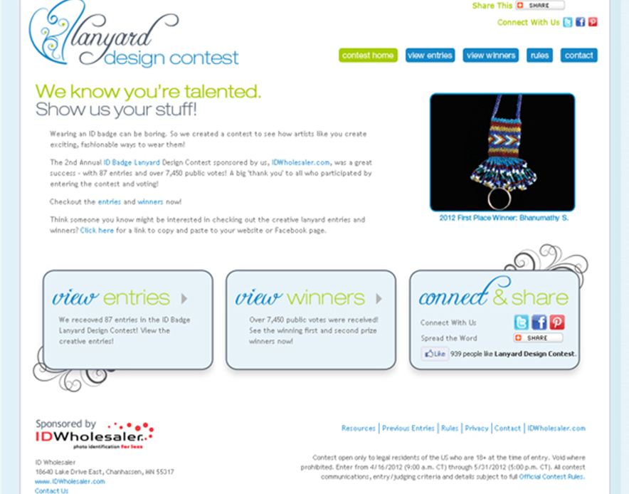 Screenshot of a Lanyard Design Contest webpage with sections for contest entries, 2012 first place winner, viewing winners, and social media sharing. Sponsor information for ID Wholesaler is at the bottom.