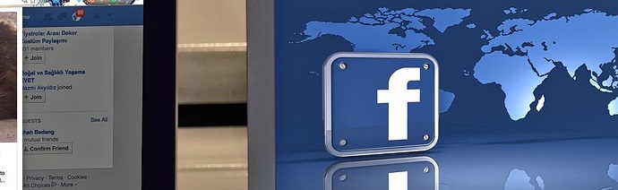 Three-dimensional Facebook logo in front of a world map, with a partial view of a Facebook interface on a computer screen to the left.