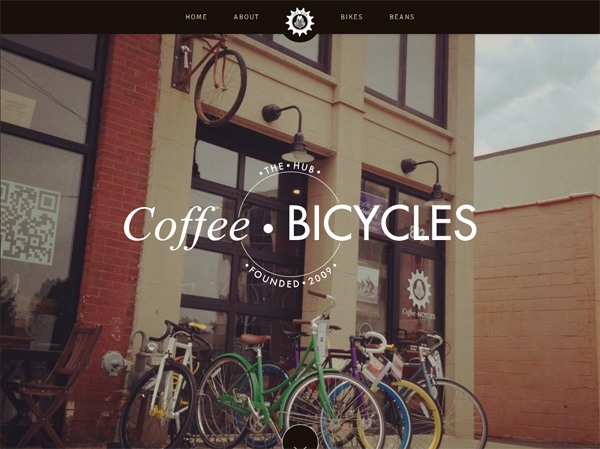 Storefront of 'THE HUB' featuring a sign with bicycle wheels and parked bicycles, with overlaid text 'Coffee • BICYCLES' and 'FOUNDED 2009'.