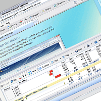 Close-up of an older Windows operating system screen displaying multiple layered application windows, including a toolbar with icons and a bar graph.