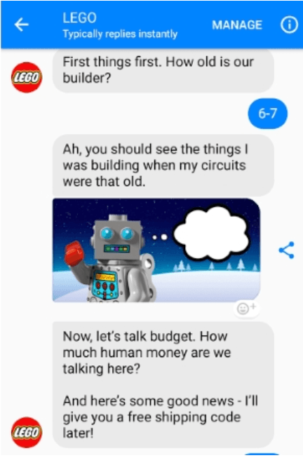 Lego's chatbot discussion example.