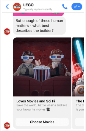 Screenshot of a LEGO chatbot conversation offering two personality options for a LEGO builder. The first option shows LEGO figures in a cinema setting with the text 'Loves Movies and Sci Fi' and the second option is partially visible with a LEGO figure holding a blue sword and the text 'The F...'.