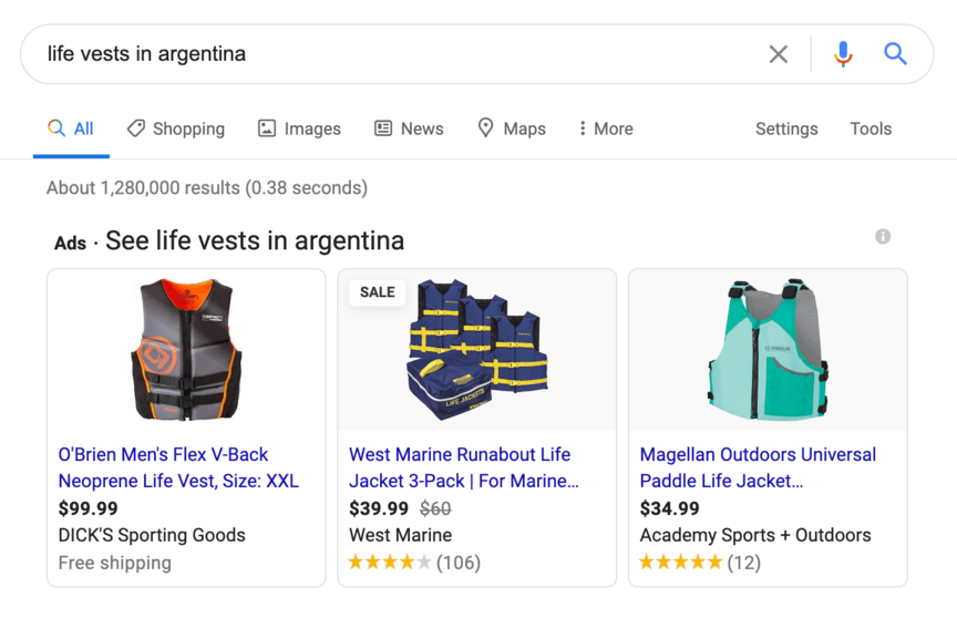 Screenshot of Google Shopping results for 'life vests in Argentina' showing three different life vests for sale with prices and customer ratings.