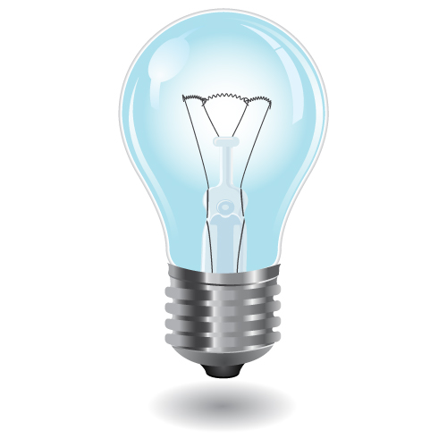 Illustration of a traditional incandescent light bulb with a clear glass envelope and a tungsten filament inside.