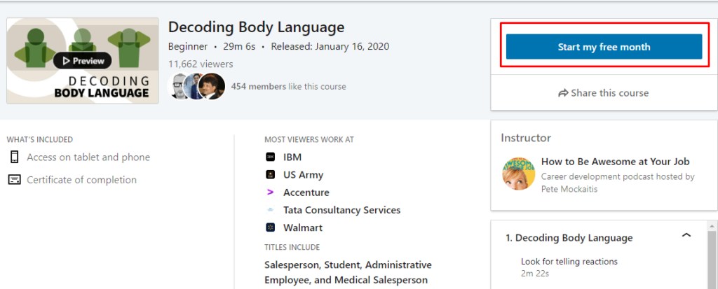 Free month trial gated content for decoding body language on linkedin learning