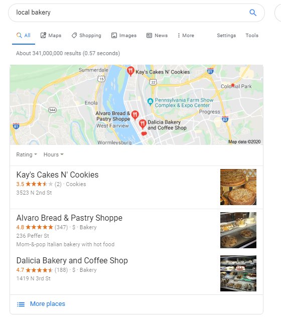 Screenshot of Google search results for 'local bakery' showing a map with bakery locations and listings for Kay's Cakes N' Cookies, Alvaro Bread & Pastry Shoppe, and Dalicia Bakery and Coffee Shop with ratings and brief descriptions.