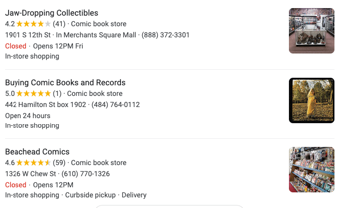 Google My Business listings for local comic book stores