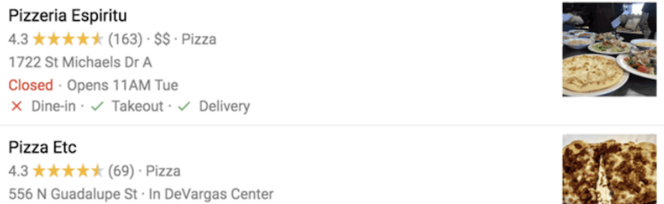 Search results for two pizza restaurants. The first is Pizzeria Espiritu with a 4.3-star rating and services including dine-in, takeout, and delivery, currently closed. The second is Pizza Etc with a 4.3-star rating, located in De Vargas Center, also offering pizza. Both listings show images of pizza dishes.