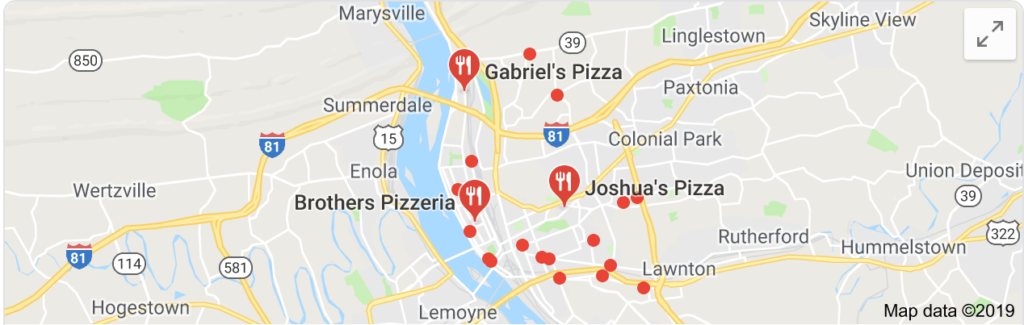 Map view highlighting multiple pizzeria locations with markers, including Gabriel's Pizza, Brothers Pizzeria, and Joshua's Pizza, among others, in a region with labeled roads and areas such as Interstate 81, Summerdale, and Colonial Park.