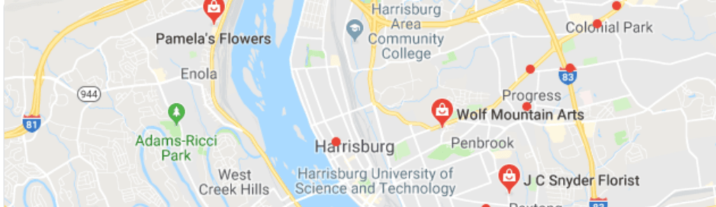 Map view of Harrisburg, Pennsylvania, showing Interstate 81, the Susquehanna River, Harrisburg Area Community College, Harrisburg University of Science and Technology, and other local landmarks.