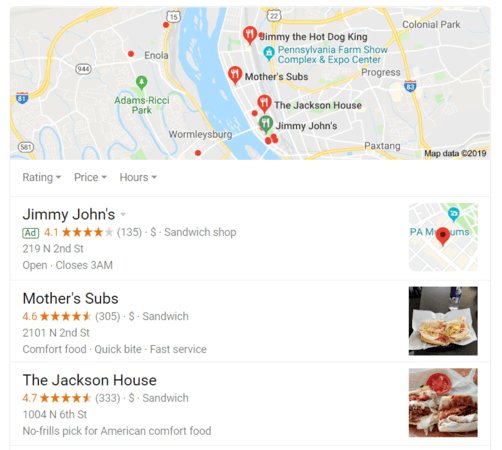 Local SEO 3-pack example for sandwiches