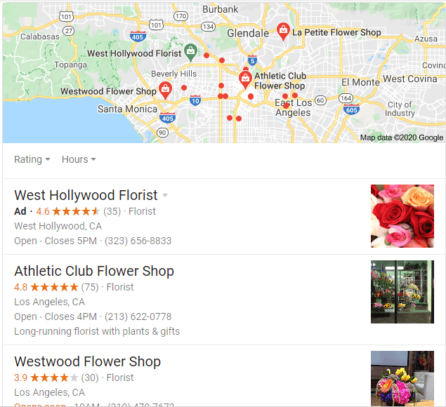 Screenshot of Google search results for florists in Los Angeles, featuring a map with location markers and listings for West Hollywood Florist, Athletic Club Flower Shop, and Westwood Flower Shop, including their ratings, review counts, and contact information.