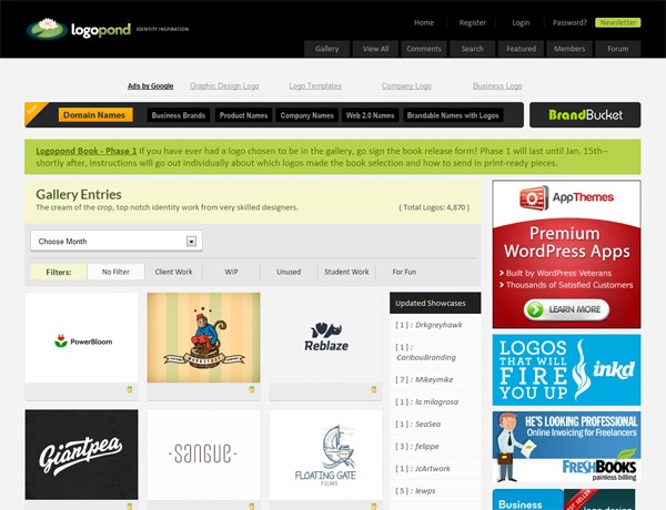 Screenshot of the Logopond website displaying a gallery of logo designs with navigation options and advertisements on the page.