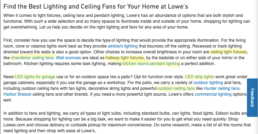 Description of the light products on Lowe's category page