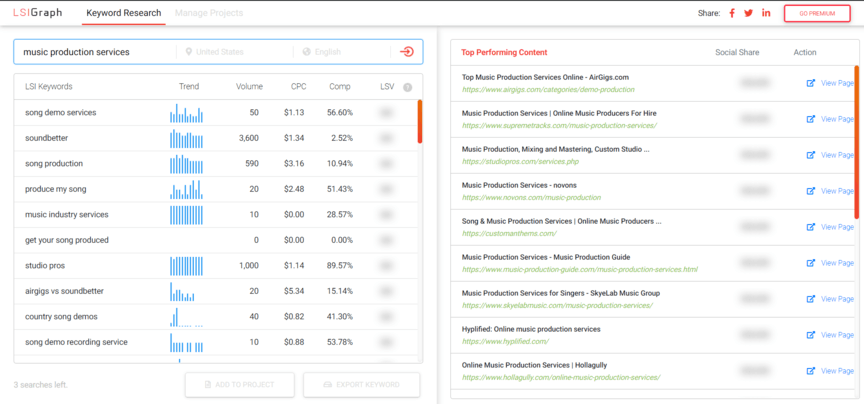 Screenshot of a keyword research tool interface with two panels. The left panel lists keywords related to music production services with data on trends, search volume, cost per click, competition, and LSI score. The right panel shows a list of top performing content with URLs and titles related to music production services. Options for social sharing and viewing pages are also visible.