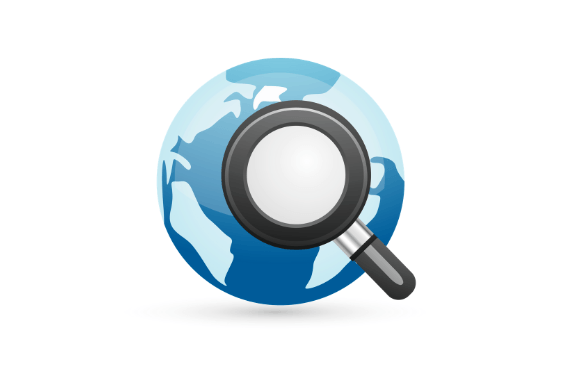 Illustration of a magnifying glass over a stylized globe.