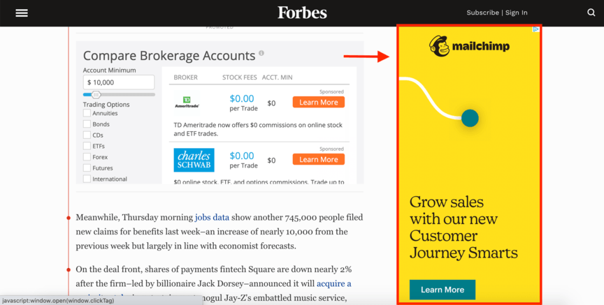 Mailchimp ad showing appearing on Forbes website