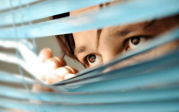 Close-up of a person's eyes peering through slightly parted blue window blinds.