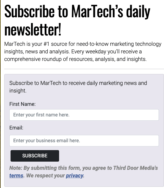 MarTech's email sign-up page