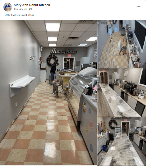 Donut shop showing before and after photos of shop renovation