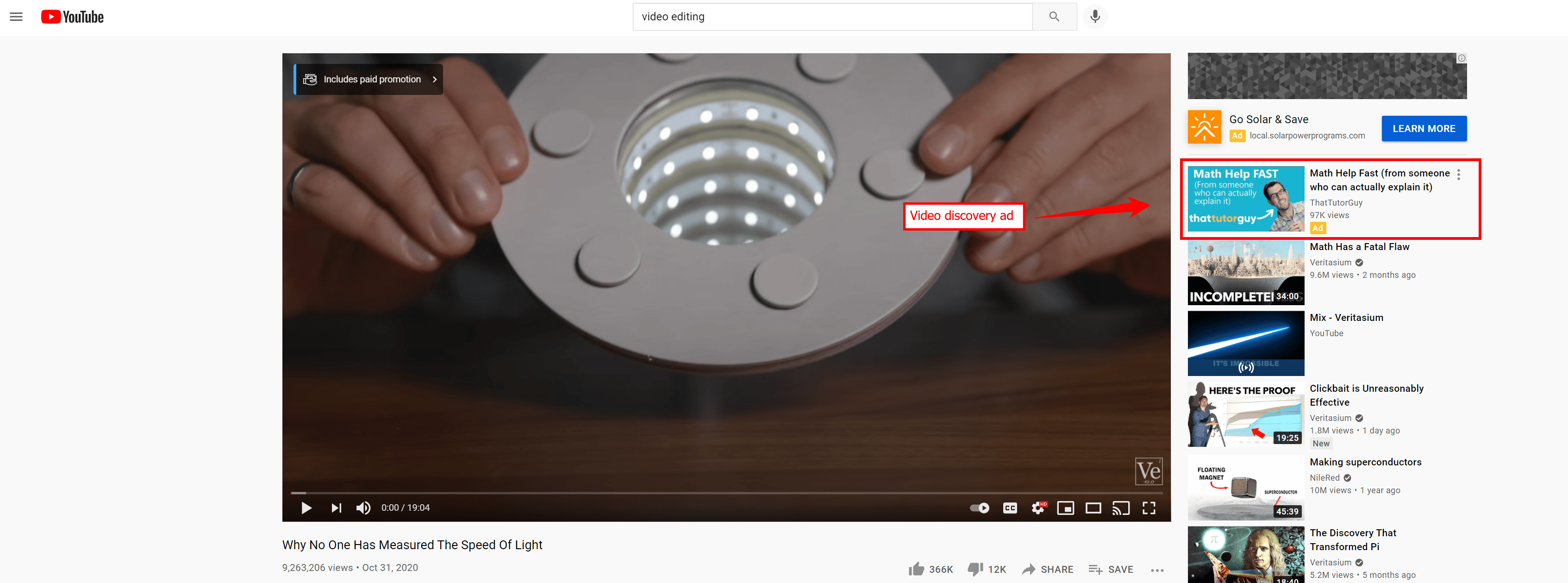 A YouTube discovery ad on learning math that appears as a suggestion on the side of a video that's playing