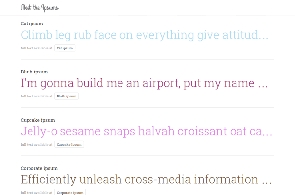 Webpage showing a list of themed lorem ipsum text examples including Cat ipsum, Bluth ipsum, Cupcake ipsum, and Corporate ipsum with sample text and links to full text.