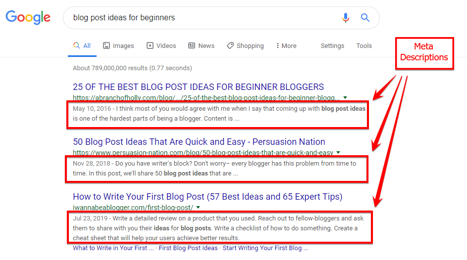 examples of meta descriptions in search results