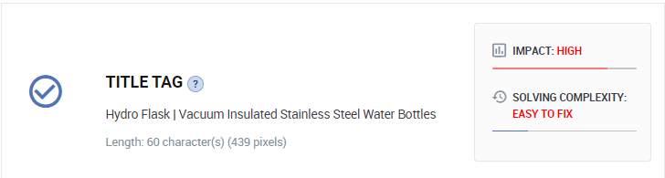 A title tag tool indicating the impact and solving complexity of the title tag for Hydro Flask 