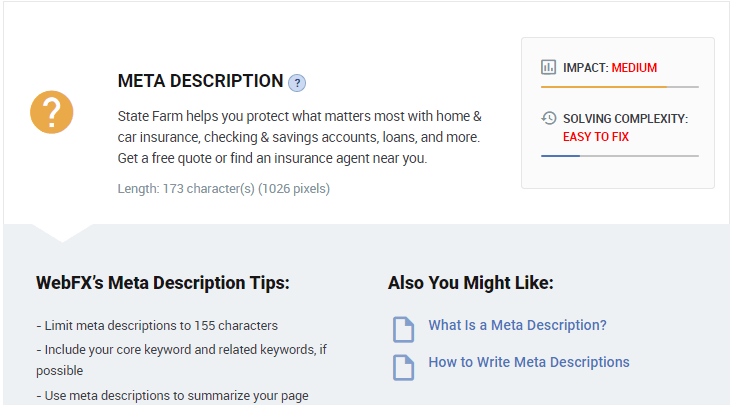 Screenshot of SEO tips for writing meta descriptions, including an example for State Farm and advice on character limit and keyword inclusion, with related links on the right side.