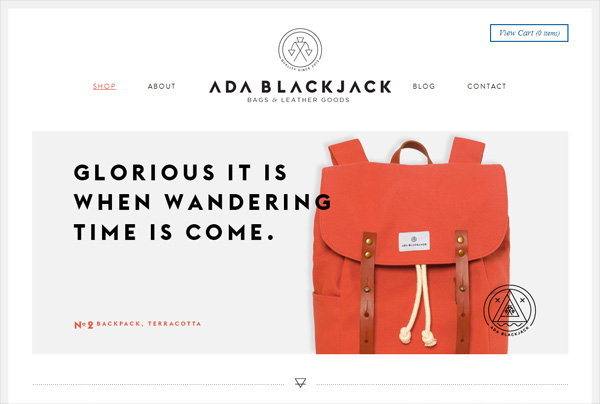 Example of Minimalism in web design: Ada Blackjack Shop