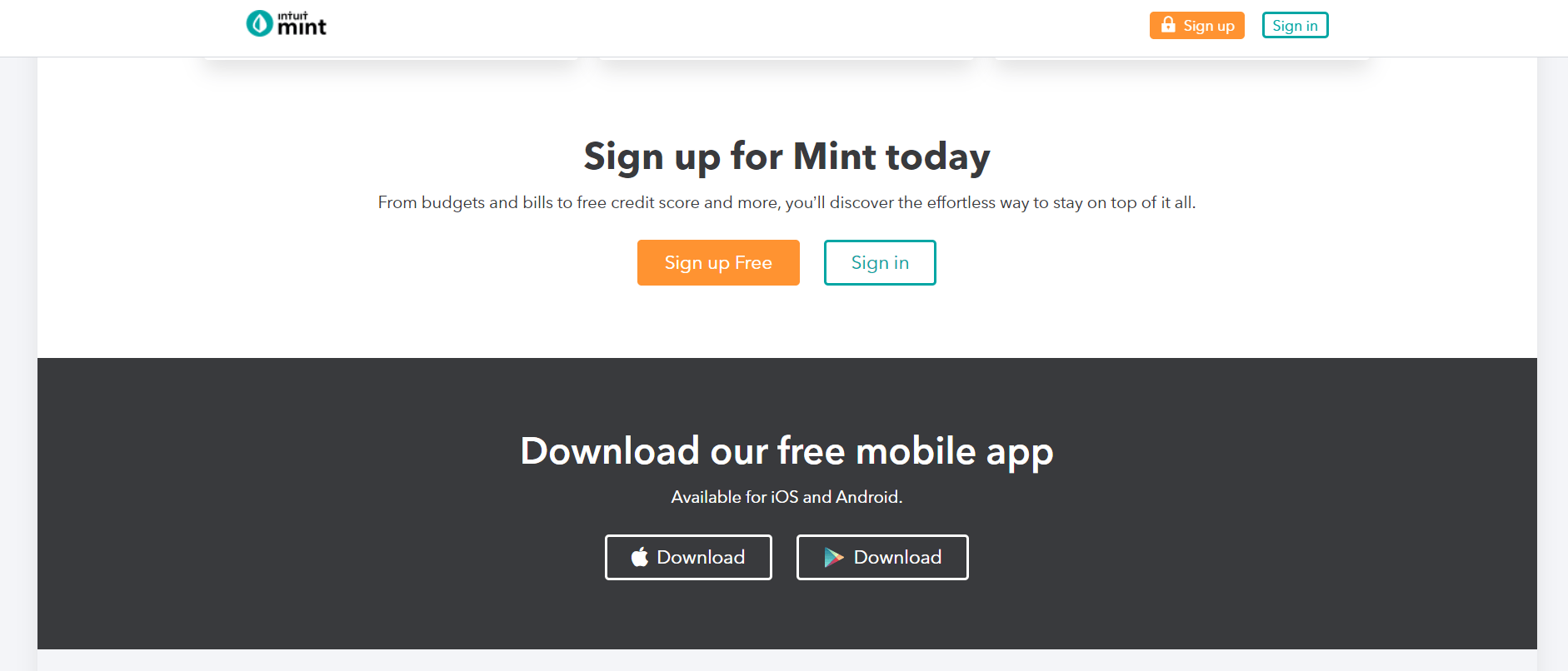 Mint signup section with orange and teal buttons, followed by dark banner promoting iOS and Android app downloads