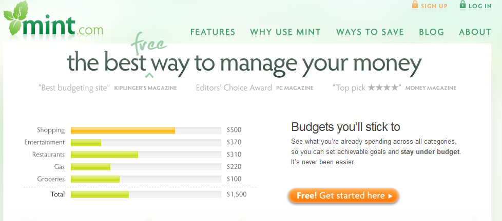 Screenshot of Mint.com featuring a navigation bar, a green banner with the text 'free the best way to manage your money,' accolades from various magazines, a section on budgeting, and a bar graph showing spending in categories like Shopping, Entertainment, and Groceries with a total of $1,500.