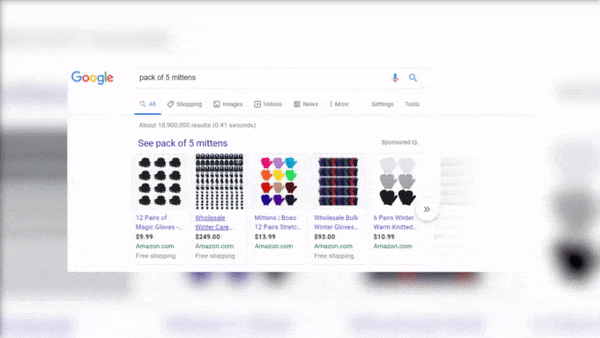 Google shopping ads for "mittens"
