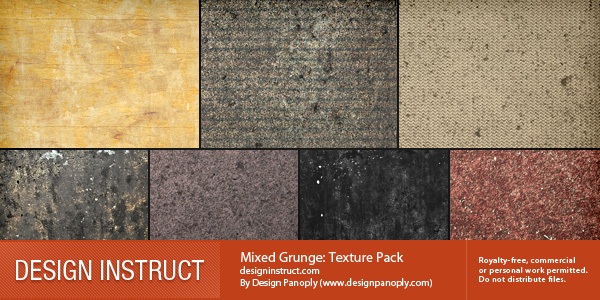 A collection of eight grunge texture samples in various colors, with the title 'Mixed Grunge: Texture Pack' from Design Instruct.