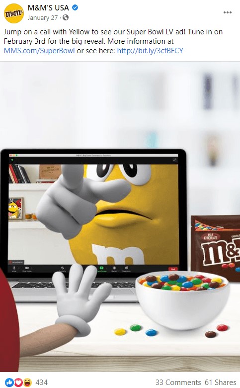 Facebook post from M&M's about Super Bowl ad preview