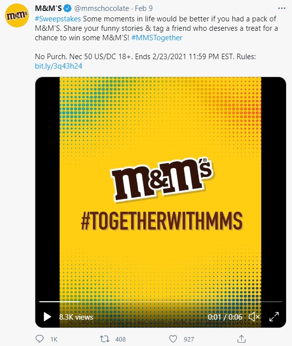 Post on Twitter from M&M's about sweepstakes