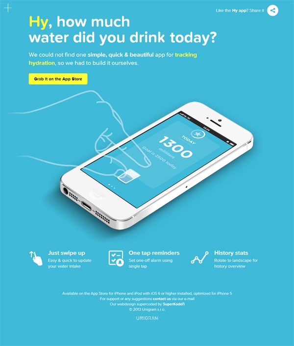 Promotional image for a hydration tracking app called 'Hy' featuring a white iPhone with the app on its screen, and text describing the app's features such as swipe to update water intake, one tap reminders, and history stats. The app is available on the App Store and is credited to Unigram, 2013.