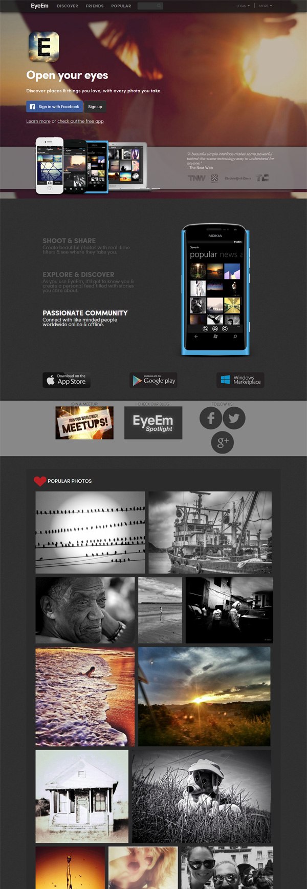 Example of mobile app website design: EyeEm