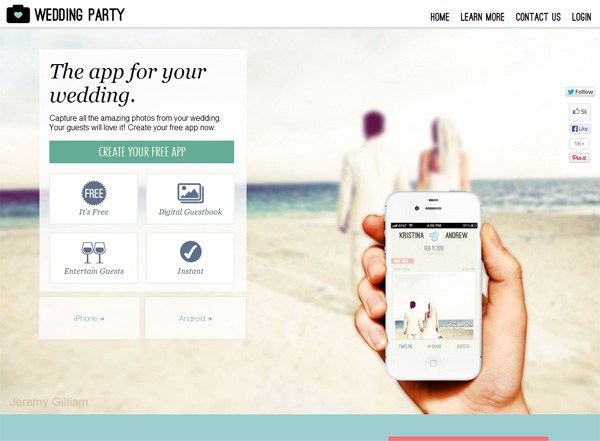 Example of mobile app website design: Wedding Party